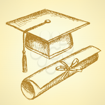 Sketch graduation hat and diploma scroll with ribbon