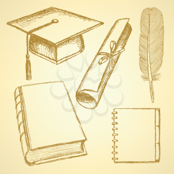 Sketch graduation hat, book, notebook, feather pen and diploma scroll, set