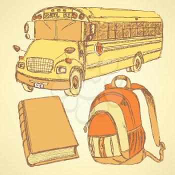 Sketch backpack, book and school bus, set