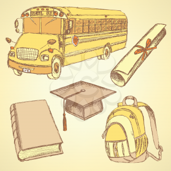 Sketch school bus, book, backpack and graduation hat wiyh diploma