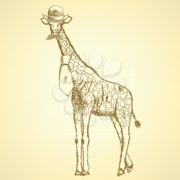 Sketch giraffe hipster in hat and tie, with mustache