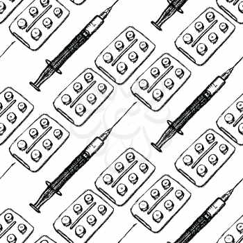 Sketch syringe and tablets package in vintage style, seamless pattern