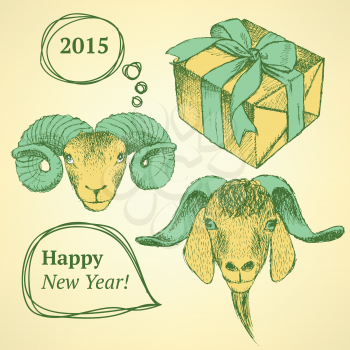 Sketch New Year ram and present in vintage style, background

