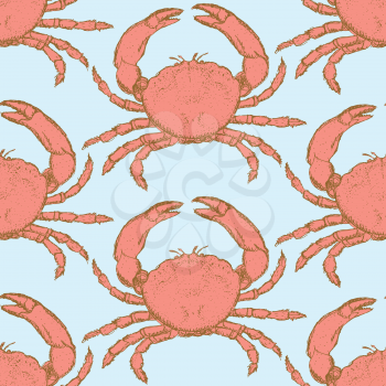 Sketch cute crab in vintage style, seamless pattern