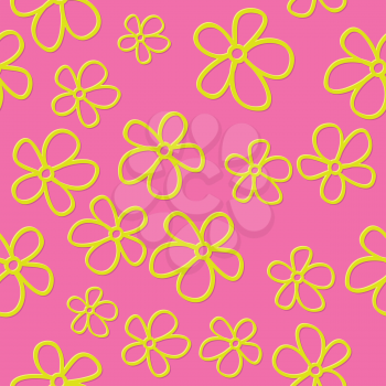 Flat cute flowers with shadow, vector seamless pattern