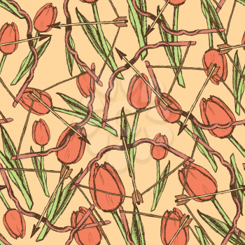 Sketch bow and arrow with tulips, vector seamless pattern
