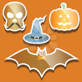 Flat scull, pumpkin, hat and bat, evil Halloween background


