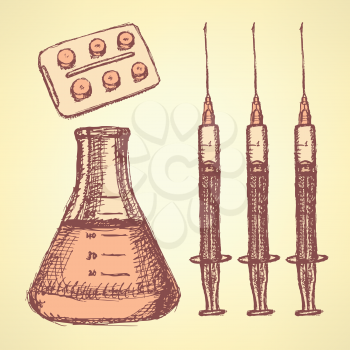 Sketch medical set in vintage style, vector