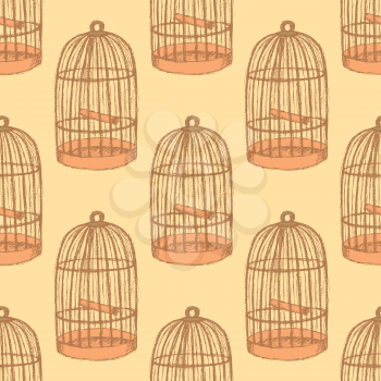 Sketch bird cage in vintage style, vector seamless pattern