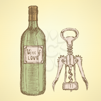 Sketch wine set in vintage style, vector