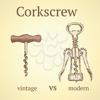 Vintage corkscrew versus modern, vector background