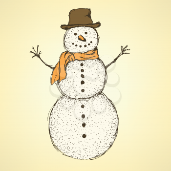 Sketch Christmas snowman in vintage style, vector