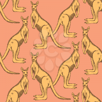 Sketch Australian kangaroo in vintage style, vector seamless pattern