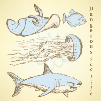 Sketch sea creatures in vintage style, vector