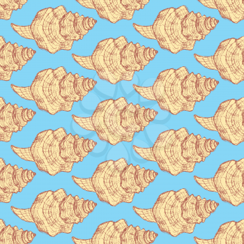 Sketch sea shell in vintage style, vector seamless pattern