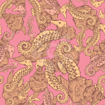 Sketch seahorse and shell in vintage style, vector seamless patter

