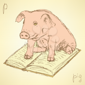 Sketch fancy pig in vintage style, vector