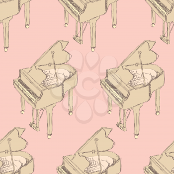 Sketch piano musical insrument in vintage style, vector seamless pattern