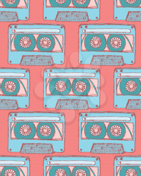 Sketch record cassette in vintage style, vector seamless pattern