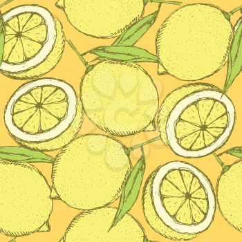 Sketch juicy lemon in vintage style, vector seamless pattern