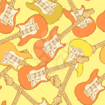 Sketch electric guitar musical instrument, vector seamless pattern