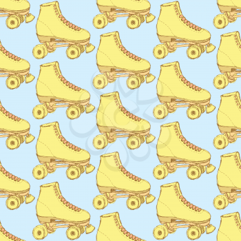 Sketch skating shoes in vintage style, vector seamless pattern