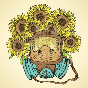 Sketch respiratory mask with sunflower in vintage style, vector