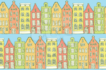 Sketch Amsterdam houses in vintage style, vector seamless pattern