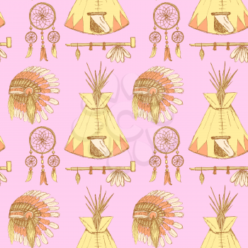 Sketch native american's symbols in vintage style, vector seamless pattern