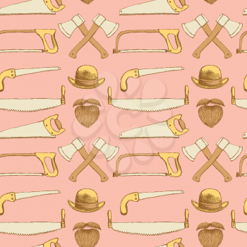 Sketch saws, ax, hat and beard in vintage style, vector seamless pattern