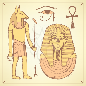 Sketch Egyptian set in vintage style, vector