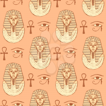 Sketch Egyptian symbols in vintage style, vector seamless pattern