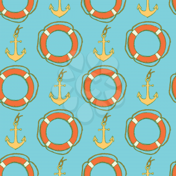 Sketch life bouy and anchor in vintage style, vector seamless pattern