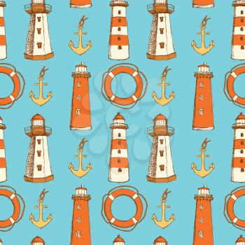 Sketch life bouy, lighthouse and anchor in vintage style, vector seamless pattern