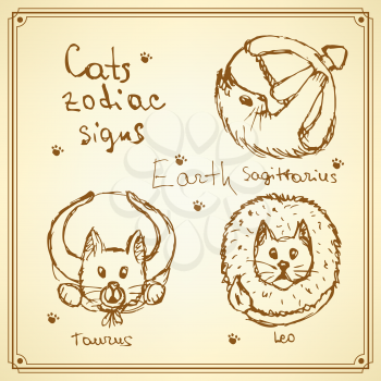 Sketch cats zodiac signs in vintage style, vector earth symbols