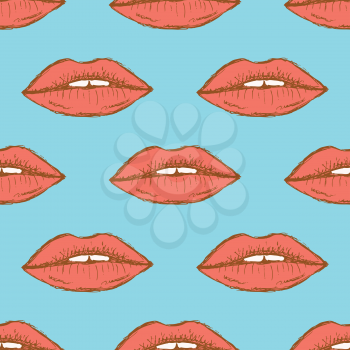 Sketch sexy lips in vintage style, vector seamless pattern