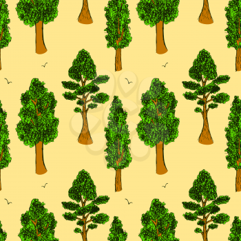 Sketch trees  in vintage style, vector seamless pattern