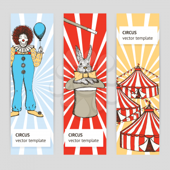 Sketch circus, rabbit and clown in vintage style, vector poster