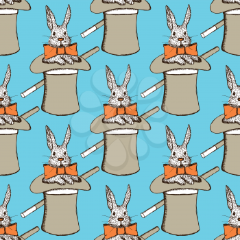 Sketch rabbit in hatl in vintage style, vector seamless pattern
