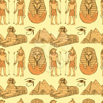 Sketch Egyptian symbols in vintage style, vector seamless pattern