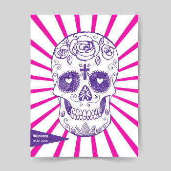 Sketch mexican skull in vintage style, vector Halloween poster