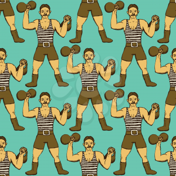 Sketch circus strongman in vintage style, vector seamless pattern