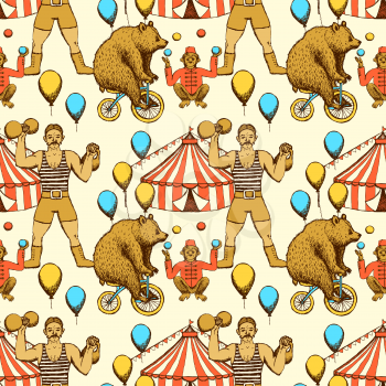Sketch circles seamless pattern in vintage style. Bear rigdding on a bicycle, monkey juggler, circus tent and strongman.