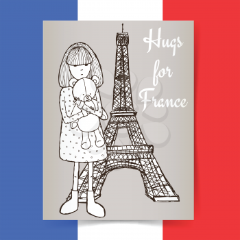 Sketch condolences for France poster, vector girl with teddy bear and Eiffel tower