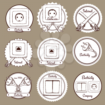 Sketch electric and internet labels in vintage style, vector