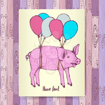 Sketch pig flying with baloons in vintage style, vector