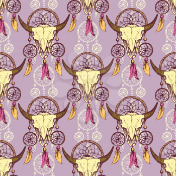 Sketch bison and dream cathcer in vintage style, vector seamless pattern