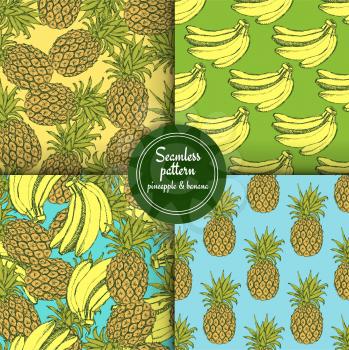 Sketch set of patterns with pineapple and banana in vintage style, vector