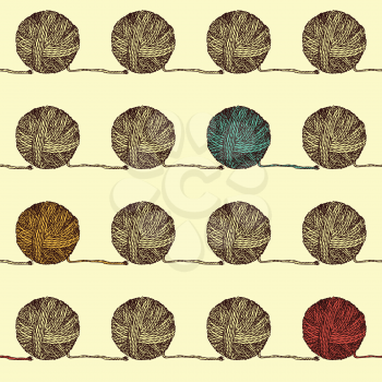 Sketch wool ball in vintage style, vector seamless pattern