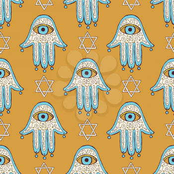 Sketch hamsa and david star in vintage style, vector seamless pattern